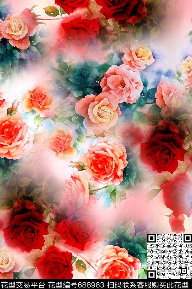 花朵花卉朦胧感数码印花华亿平台下载（图片编号: 688963） - 瓦栏（Walan）