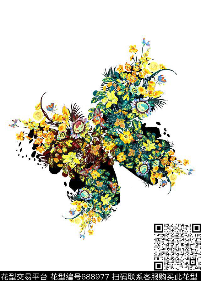 花卉蝴蝶定位数码印花华亿平台下载（图片编号: 688977） - 瓦栏（Walan）