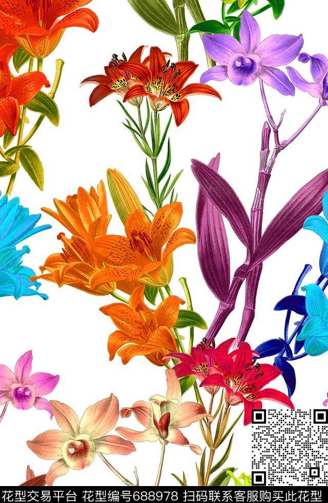 百合手绘热带花卉MAX-女装花卉数码印花华亿平台下载（图片编号: 688978） - 瓦栏（Walan）