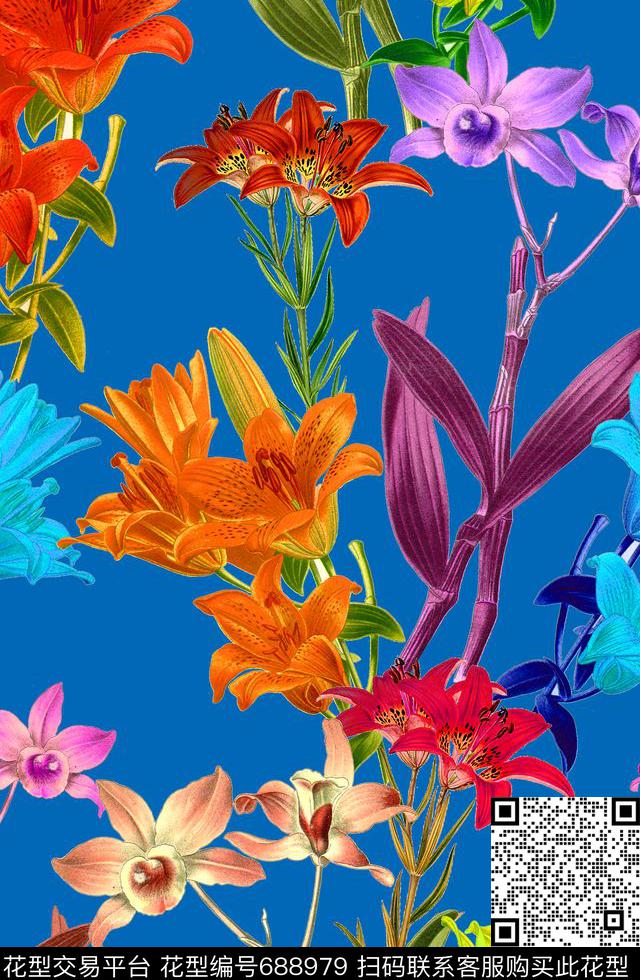 百合手绘热带花卉MAX-女装花卉数码印花华亿平台下载（图片编号: 688979） - 瓦栏（Walan）