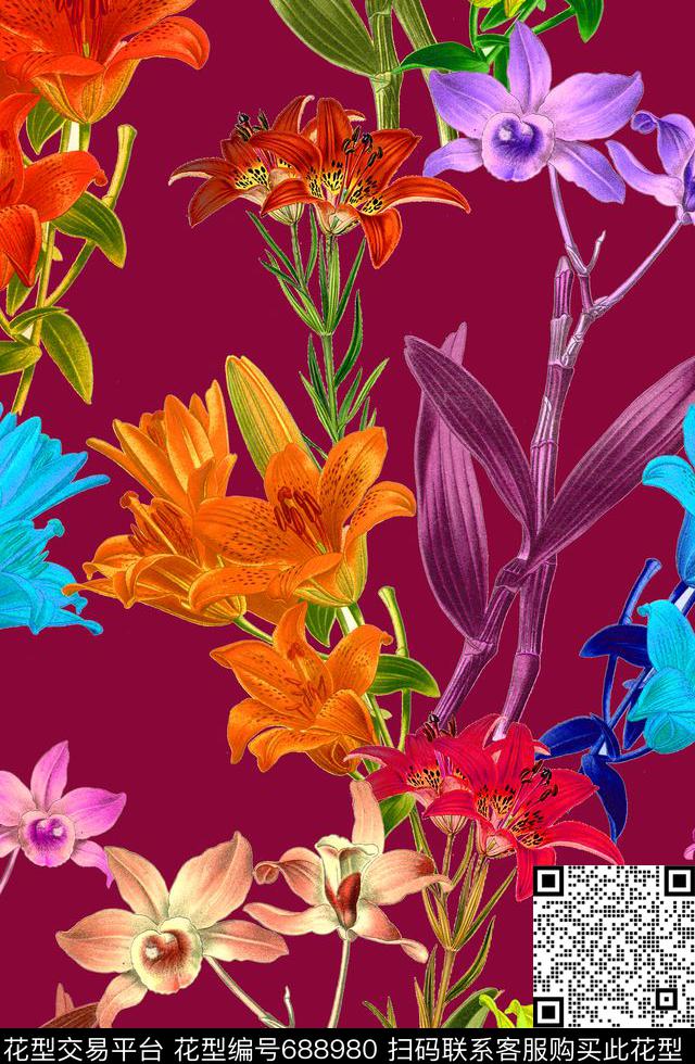 百合手绘热带花卉MAX-女装花卉数码印花华亿平台下载（图片编号: 688980） - 瓦栏（Walan）