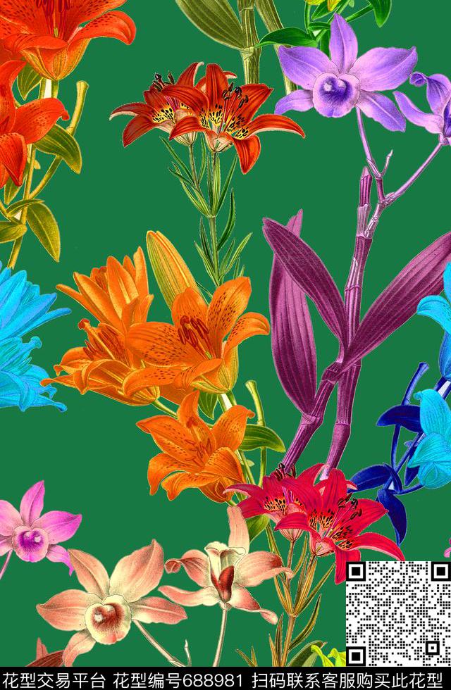 百合手绘热带花卉MAX-女装花卉数码印花华亿平台下载（图片编号: 688981） - 瓦栏（Walan）