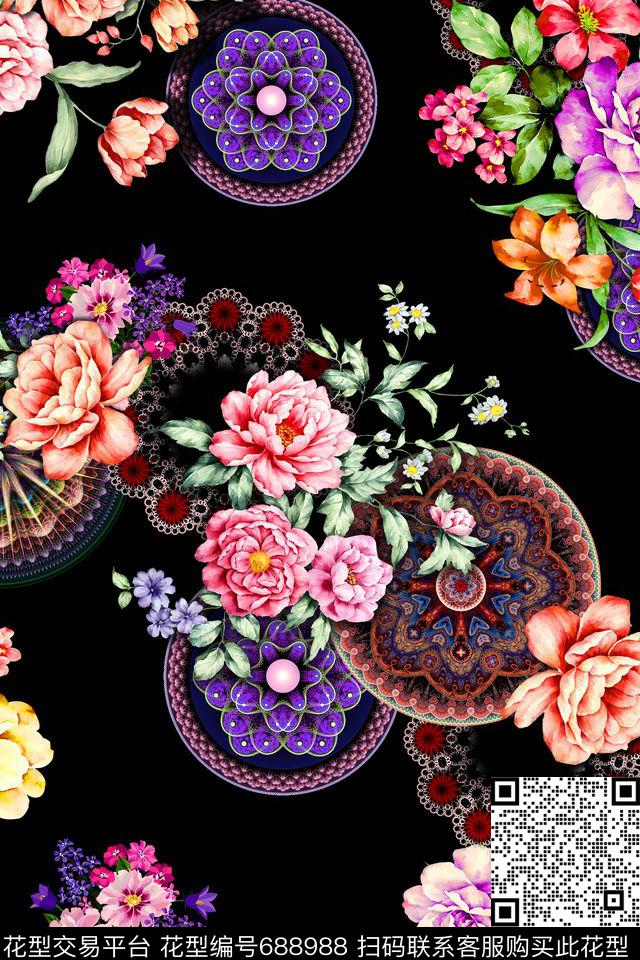玫瑰花民族风数码印花华亿平台下载（图片编号: 688988） - 瓦栏（Walan）