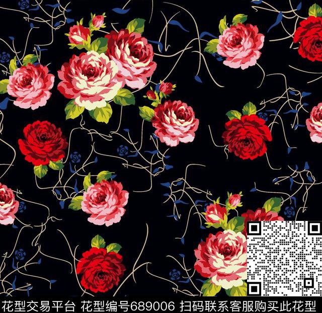 时尚花朵花卉传统印花华亿平台下载（图片编号: 689006） - 瓦栏（Walan）