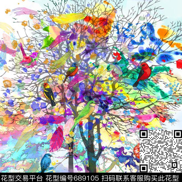 抽象彩色花纹水彩鸟彩色树数码印花华亿平台下载（图片编号: 689105） - 瓦栏（Walan）