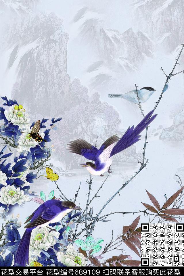 中国风定位花旗袍花鸟牡丹数码印花华亿平台下载（图片编号: 689109） - 瓦栏（Walan）