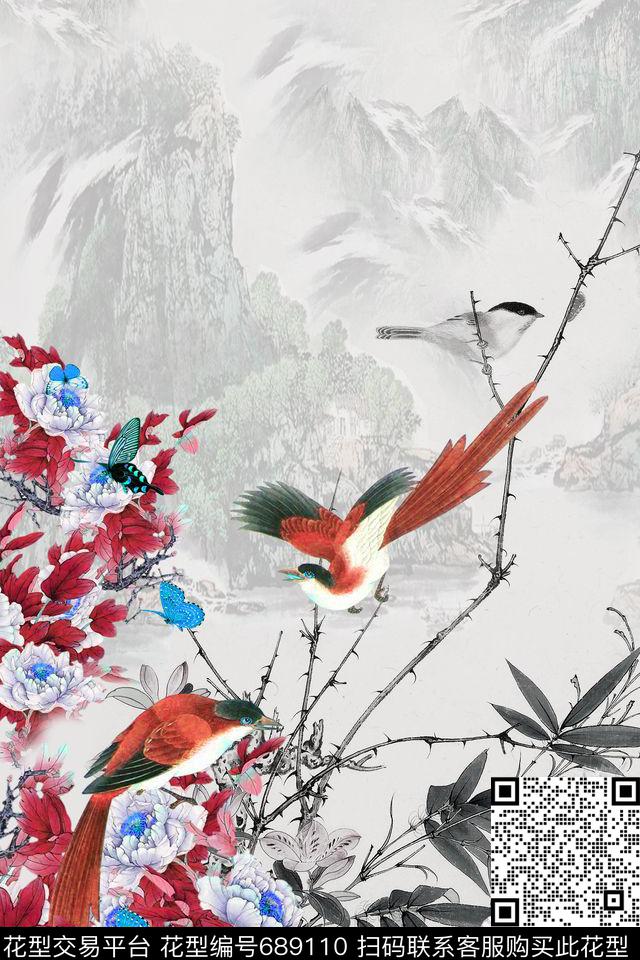 中国风定位花旗袍花鸟牡丹数码印花华亿平台下载（图片编号: 689110） - 瓦栏（Walan）