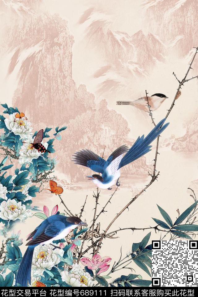 中国风定位花旗袍花鸟牡丹数码印花华亿平台下载（图片编号: 689111） - 瓦栏（Walan）