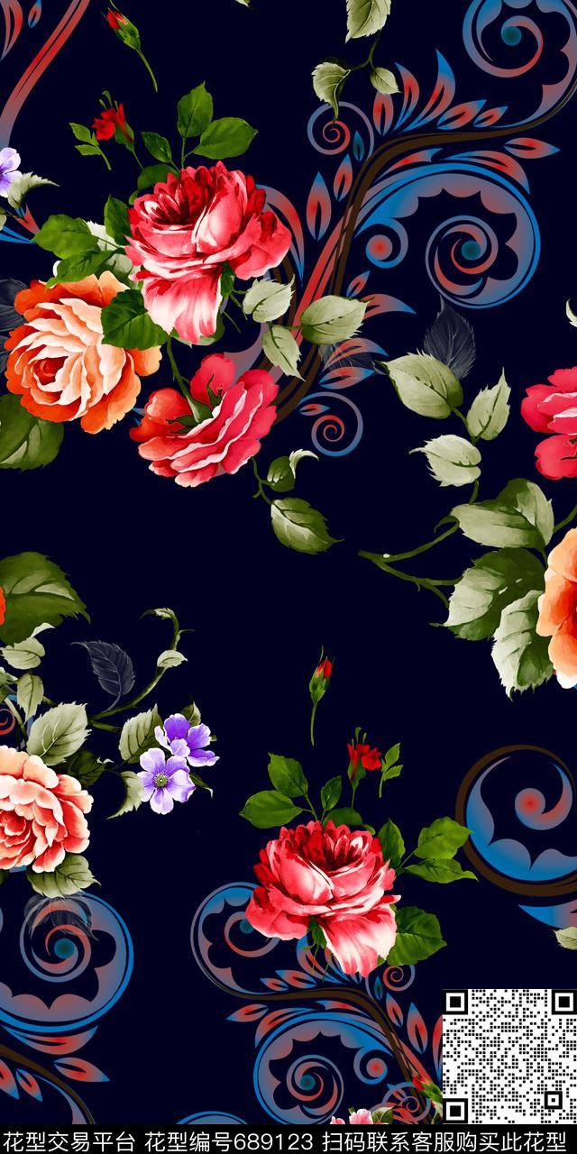 多彩花纹欧式花纹花卉牡丹数码印花华亿平台下载（图片编号: 689123） - 瓦栏（Walan）