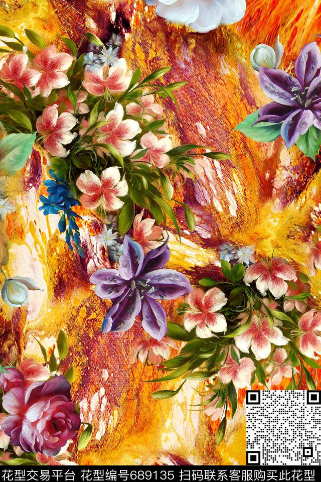 数码花卉油画朦胧底纹数码印花华亿平台下载（图片编号: 689135） - 瓦栏（Walan）