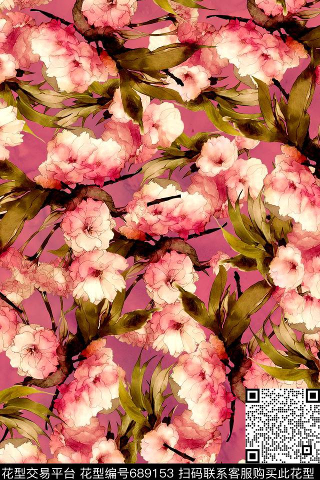 工笔画中国风樱花数码印花华亿平台下载（图片编号: 689153） - 瓦栏（Walan）