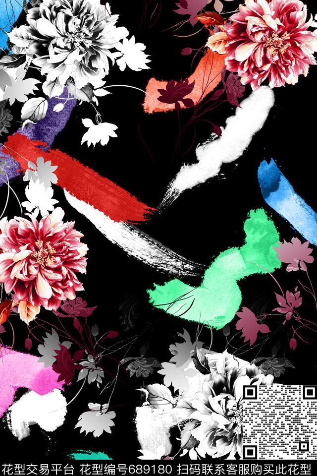 花卉笔刷泼墨数码印花华亿平台下载（图片编号: 689180） - 瓦栏（Walan）
