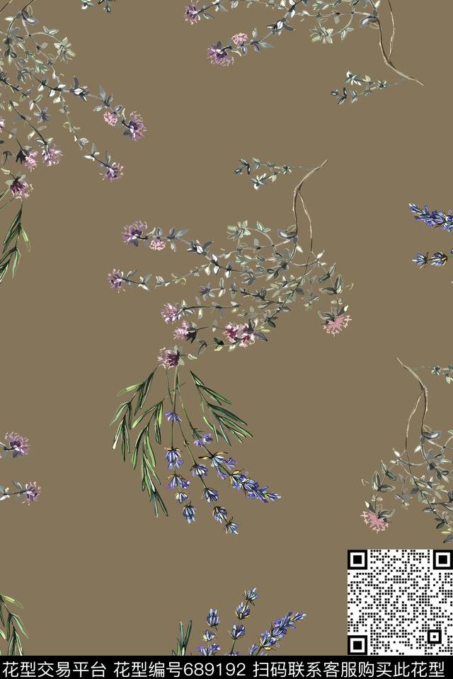 手绘树枝花卉数码印花华亿平台下载（图片编号: 689192） - 瓦栏（Walan）