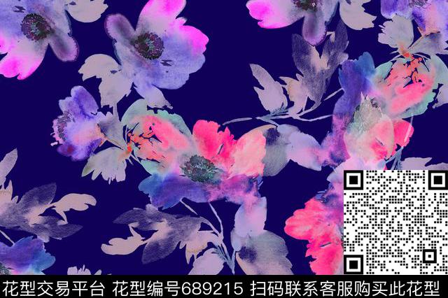 五彩手绘花卉数码印花华亿平台下载（图片编号: 689215） - 瓦栏（Walan）