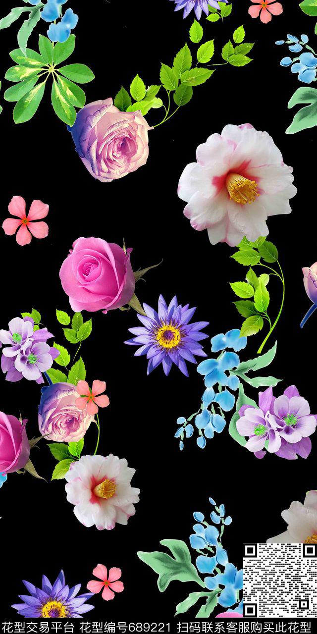 玫瑰小雏菊树叶数码印花华亿平台下载（图片编号: 689221） - 瓦栏（Walan）