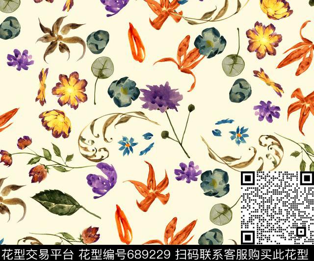 手绘花卉排列数码印花华亿平台下载（图片编号: 689229） - 瓦栏（Walan）