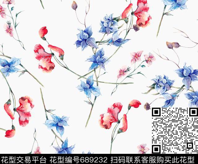 手绘瘦长花卉数码印花华亿平台下载（图片编号: 689232） - 瓦栏（Walan）