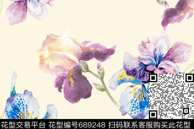手绘花卉紫色数码印花华亿平台下载（图片编号: 689248） - 瓦栏（Walan）