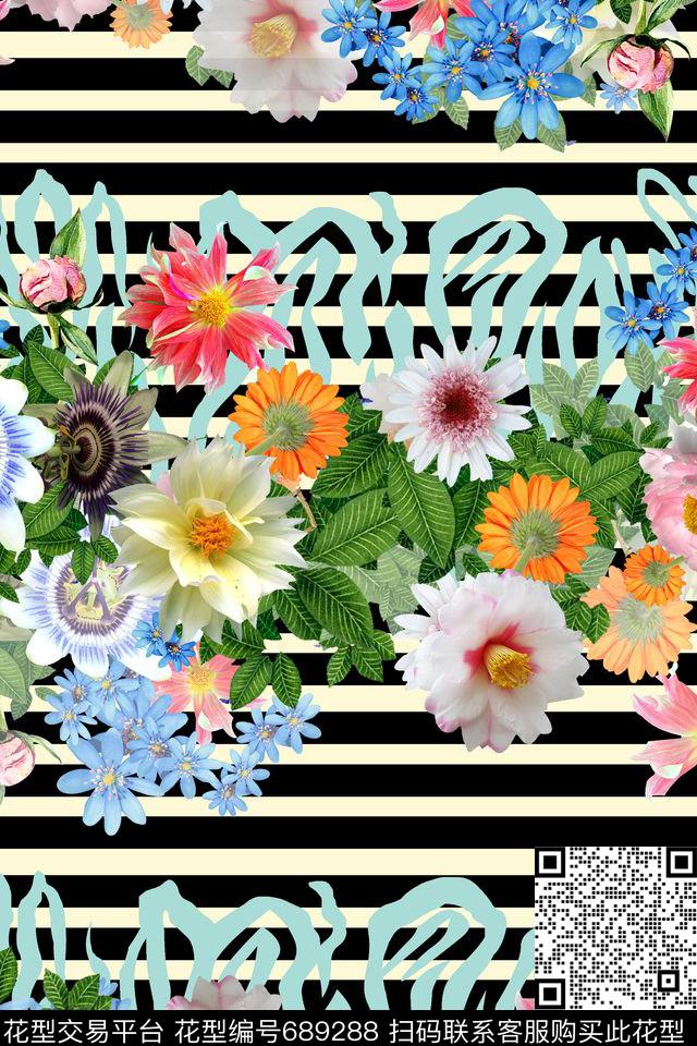 黑白条纹斑马纹清爽花卉数码印花华亿平台下载（图片编号: 689288） - 瓦栏（Walan）