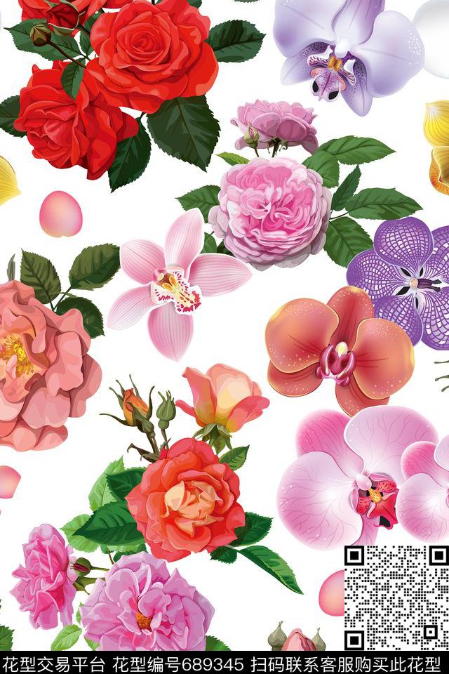 牡丹玫瑰花卉数码印花华亿平台下载（图片编号: 689345） - 瓦栏（Walan）