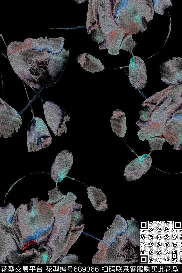 黑底手绘抽象数码印花华亿平台下载（图片编号: 689366） - 瓦栏（Walan）