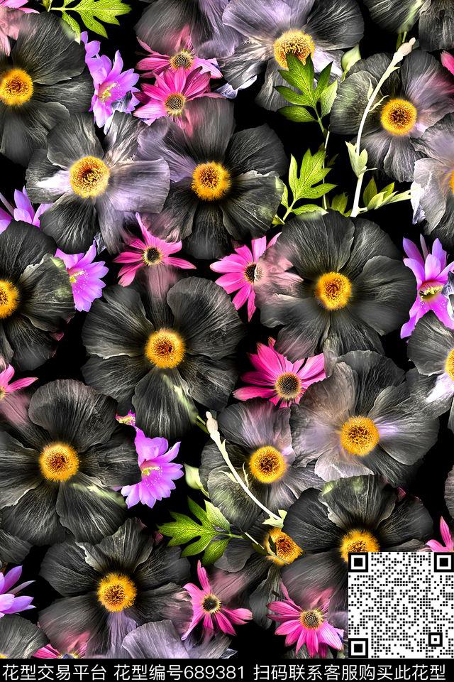 时尚手绘花卉数码印花华亿平台下载（图片编号: 689381） - 瓦栏（Walan）