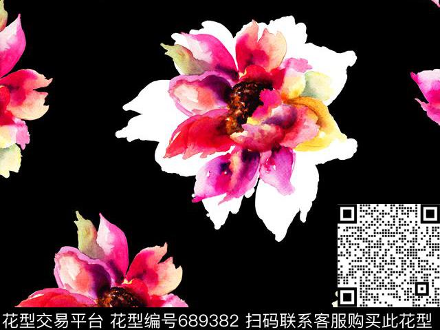 手绘大朵绽开数码印花华亿平台下载（图片编号: 689382） - 瓦栏（Walan）