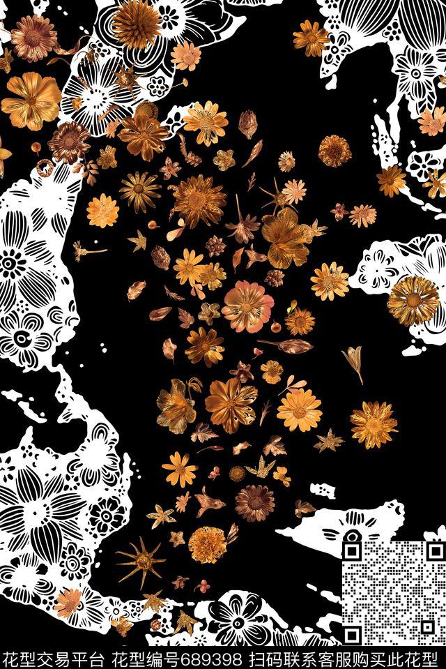 金花线描蕾丝数码印花华亿平台下载（图片编号: 689398） - 瓦栏（Walan）