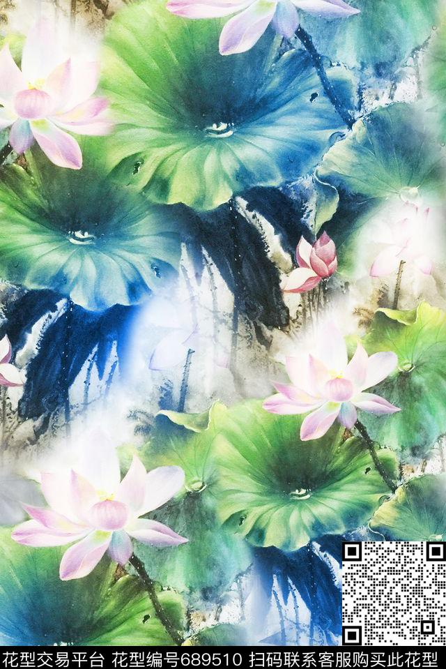 花卉荷花荷叶数码印花华亿平台下载（图片编号: 689510） - 瓦栏（Walan）