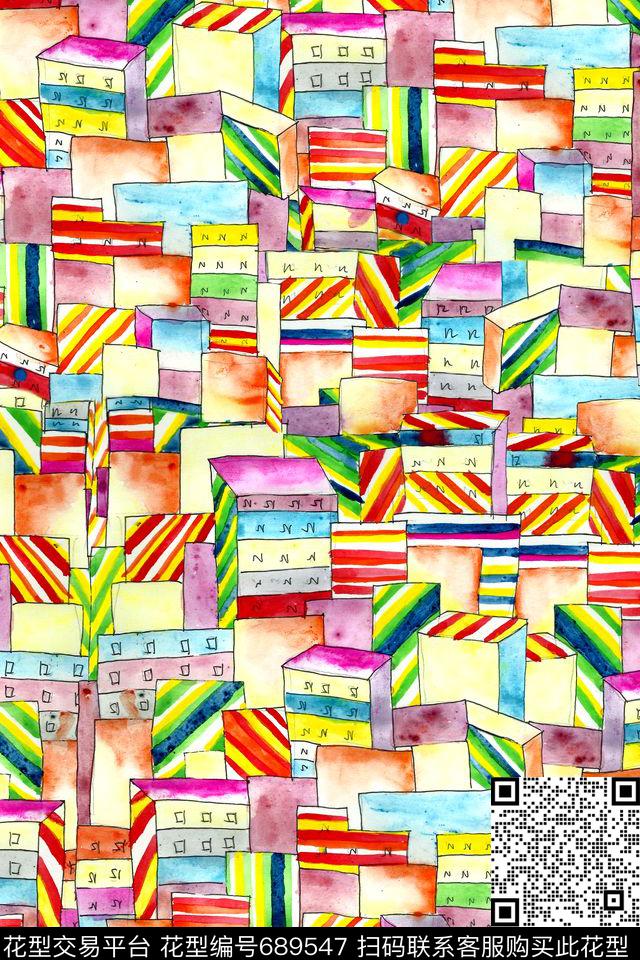 条纹细条纹手绘建筑数码印花华亿平台下载（图片编号: 689547） - 瓦栏（Walan）