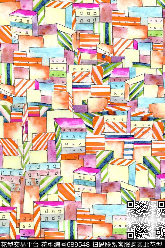 条纹细条纹手绘建筑数码印花华亿平台下载（图片编号: 689548） - 瓦栏（Walan）