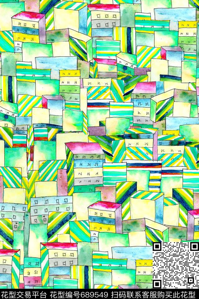 条纹细条纹手绘建筑数码印花华亿平台下载（图片编号: 689549） - 瓦栏（Walan）