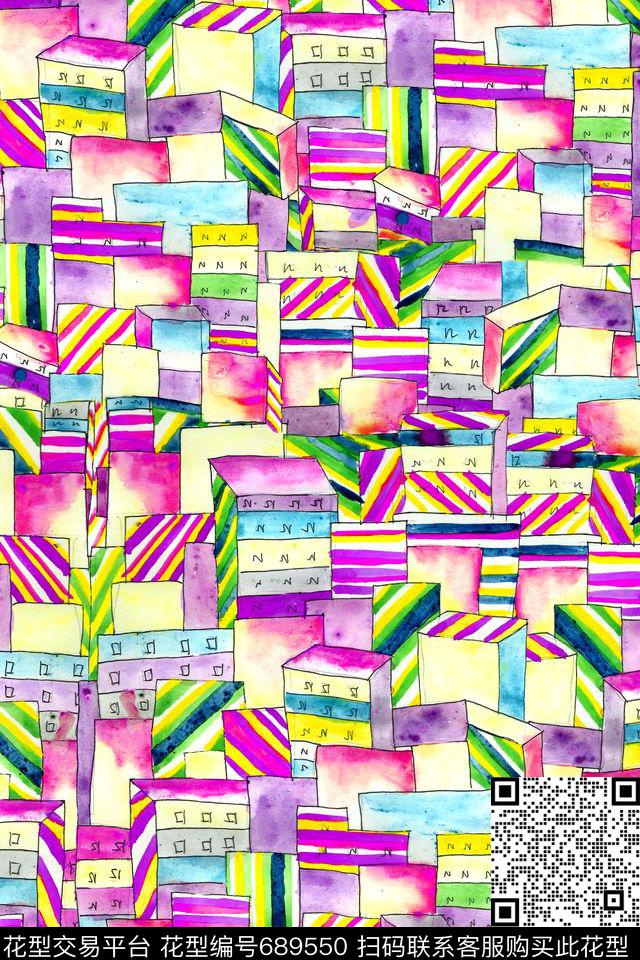 条纹细条纹手绘建筑数码印花华亿平台下载（图片编号: 689550） - 瓦栏（Walan）