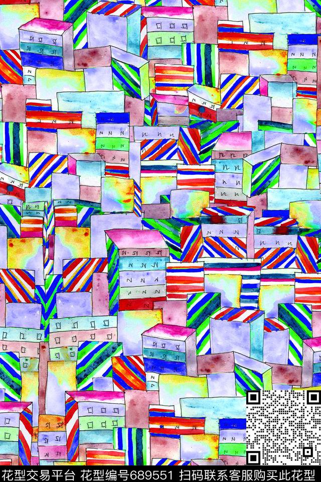 条纹细条纹手绘建筑数码印花华亿平台下载（图片编号: 689551） - 瓦栏（Walan）