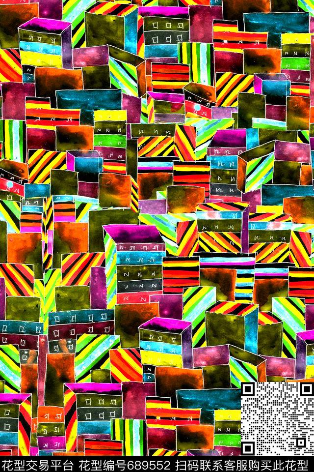 条纹细条纹手绘建筑数码印花华亿平台下载（图片编号: 689552） - 瓦栏（Walan）