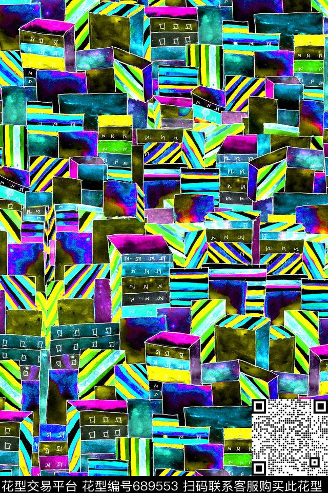 条纹细条纹手绘建筑数码印花华亿平台下载（图片编号: 689553） - 瓦栏（Walan）