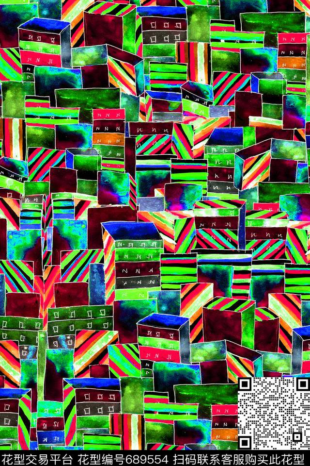 条纹细条纹手绘建筑数码印花华亿平台下载（图片编号: 689554） - 瓦栏（Walan）