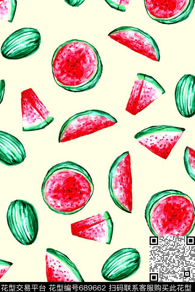 手绘西瓜夏季风热带华亿平台数码印花华亿平台下载（图片编号: 689662） - 瓦栏（Walan）