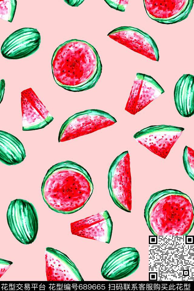手绘西瓜夏季风热带华亿平台数码印花华亿平台下载（图片编号: 689665） - 瓦栏（Walan）