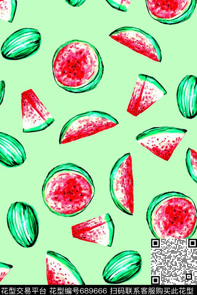 手绘西瓜夏季风热带华亿平台数码印花华亿平台下载（图片编号: 689666） - 瓦栏（Walan）