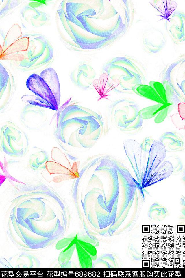 蝴蝶花卉小清新数码印花华亿平台下载（图片编号: 689682） - 瓦栏（Walan）