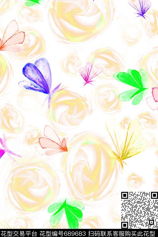 蝴蝶花卉小清新数码印花华亿平台下载（图片编号: 689683） - 瓦栏（Walan）