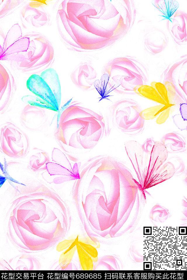 蝴蝶花卉小清新数码印花华亿平台下载（图片编号: 689685） - 瓦栏（Walan）