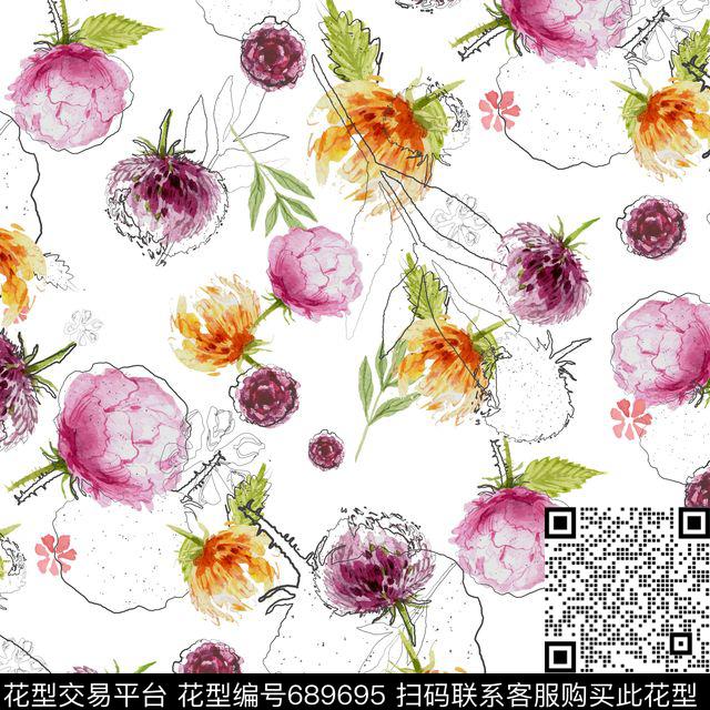 雏菊桃花乱花数码印花华亿平台下载（图片编号: 689695） - 瓦栏（Walan）