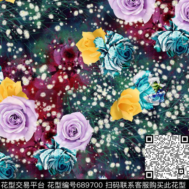 乱花大花花朵数码印花华亿平台下载（图片编号: 689700） - 瓦栏（Walan）