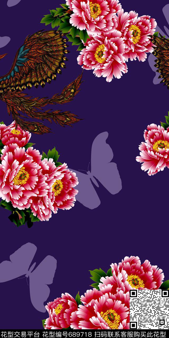 牡丹花卉蝴蝶数码印花华亿平台下载（图片编号: 689718） - 瓦栏（Walan）