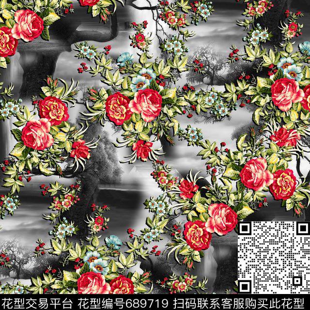 牡丹花卉蝴蝶数码印花华亿平台下载（图片编号: 689719） - 瓦栏（Walan）