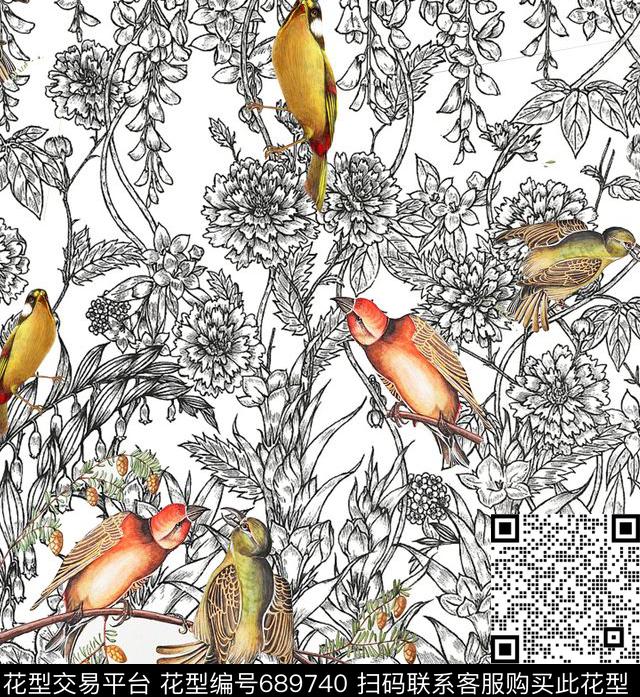 鸟花朵树叶数码印花华亿平台下载（图片编号: 689740） - 瓦栏（Walan）