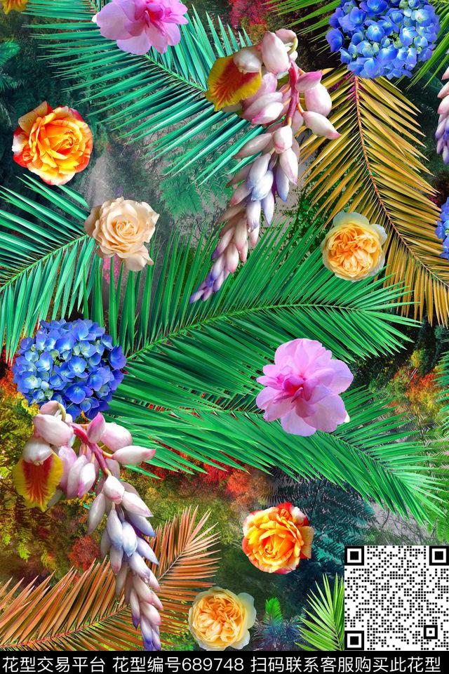 夏季风热带华亿平台棕榈树数码印花华亿平台下载（图片编号: 689748） - 瓦栏（Walan）