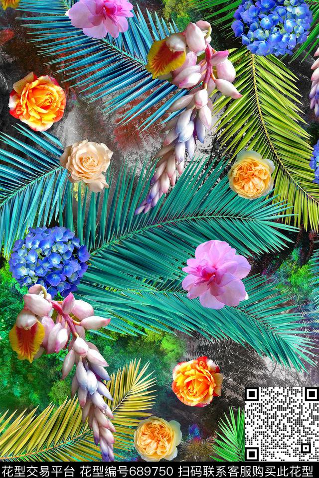夏季风热带华亿平台棕榈树数码印花华亿平台下载（图片编号: 689750） - 瓦栏（Walan）